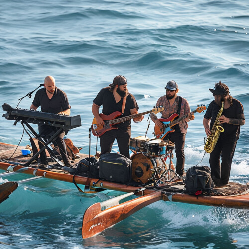 a band playing on a single outrigger canoe the band consists of a keyboard player who is bald a b