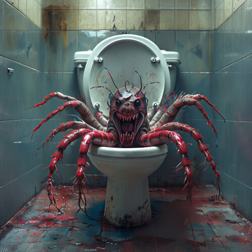 a giant scary centipede coming out of a toilet in a dirty old public restroom the mood should be s