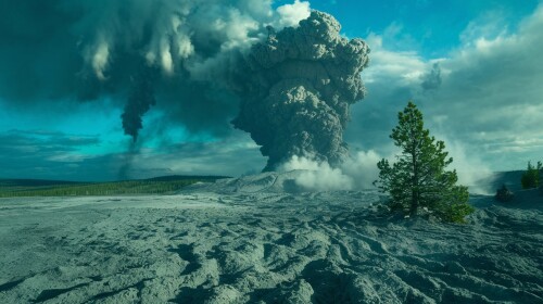 a panoramic view of a supervolcano eruption in yel Em535Fe7SzeZVsUBJEQOdA VXPUIaabS qvF0 WBdpfdw